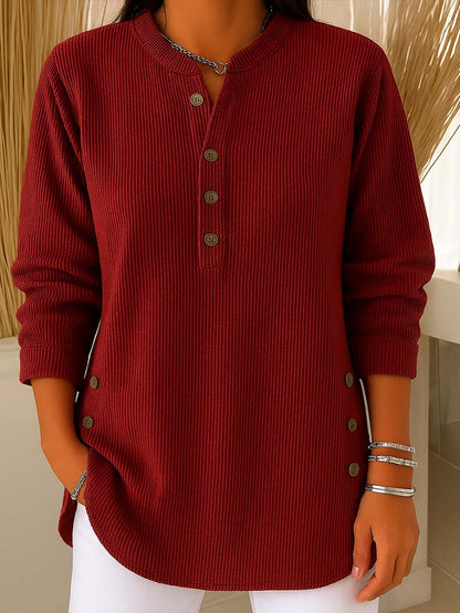 Blusa de manga larga, tejido suelto, material liso y cuello redondo para mujer