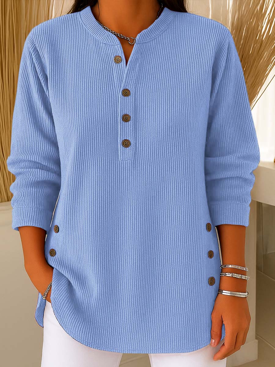 Blusa de manga larga, tejido suelto, material liso y cuello redondo para mujer
