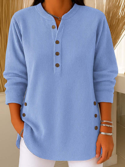 Blusa de manga larga, tejido suelto, material liso y cuello redondo para mujer