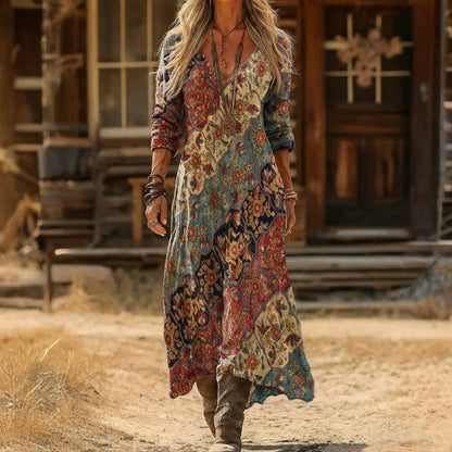 【Lange Ärmel】Vintage-Kleid Mit Ethnischem Print