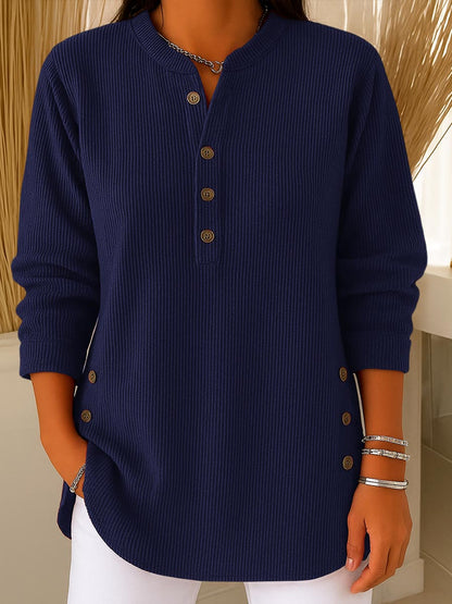 Blusa de manga larga, tejido suelto, material liso y cuello redondo para mujer