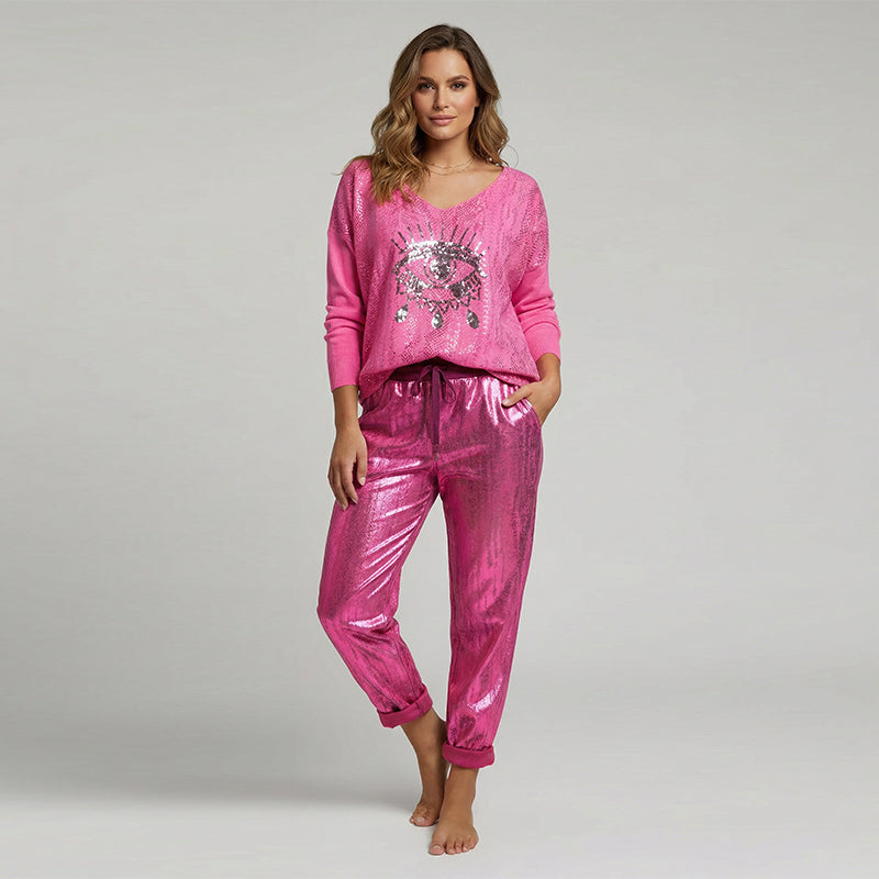 🌷LETZTER TAG DES SALE 50 % RABATT⏰Set aus Oberteil mit Goldfolie „Devil's Eye“ und Paillettenhose