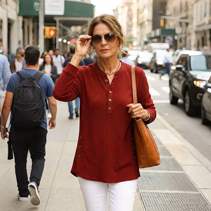Blusa de manga larga, tejido suelto, material liso y cuello redondo para mujer