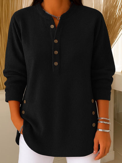 Blusa de manga larga, tejido suelto, material liso y cuello redondo para mujer