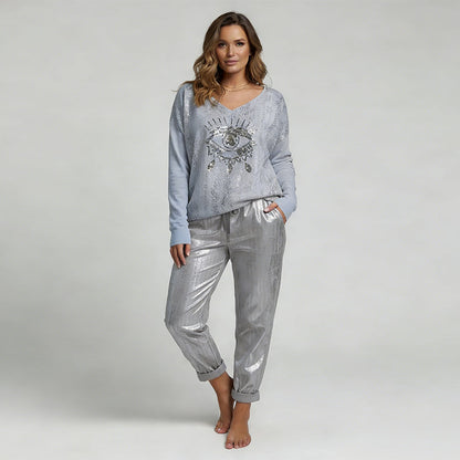 🌷LETZTER TAG DES SALE 50 % RABATT⏰Set aus Oberteil mit Goldfolie „Devil's Eye“ und Paillettenhose