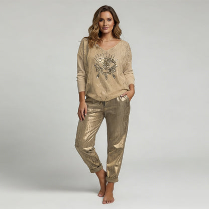 🌷LETZTER TAG DES SALE 50 % RABATT⏰Set aus Oberteil mit Goldfolie „Devil's Eye“ und Paillettenhose