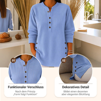 Blusa de manga larga, tejido suelto, material liso y cuello redondo para mujer