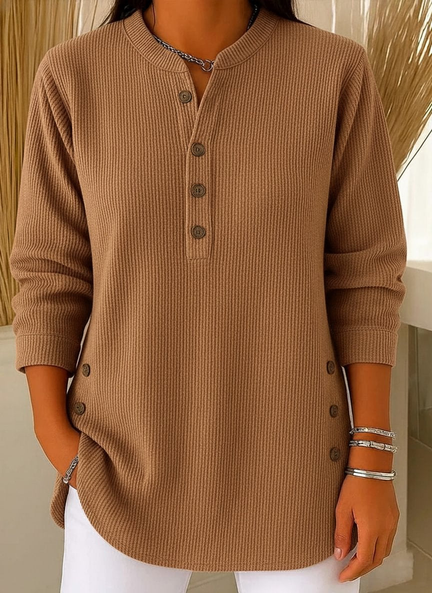 Blusa de manga larga, tejido suelto, material liso y cuello redondo para mujer