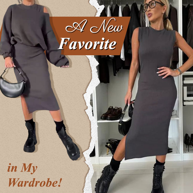 Conjunto de mujer de blusa con hombros caídos y vestido