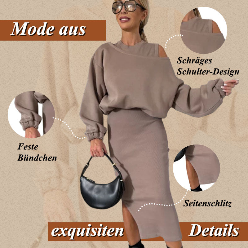 Conjunto de mujer de blusa con hombros caídos y vestido