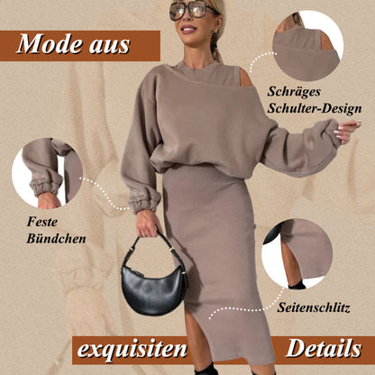 Conjunto de mujer de blusa con hombros caídos y vestido