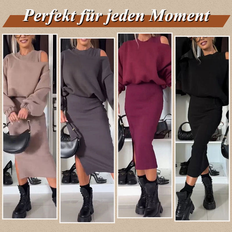 Conjunto de mujer de blusa con hombros caídos y vestido