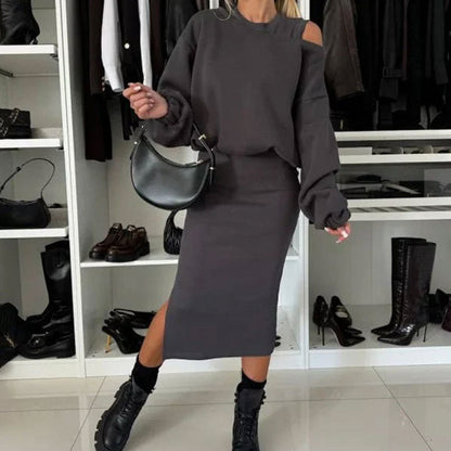 Conjunto de mujer de blusa con hombros caídos y vestido