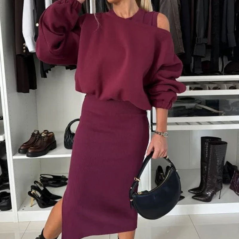 Conjunto de mujer de blusa con hombros caídos y vestido