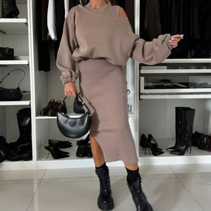 Conjunto de mujer de blusa con hombros caídos y vestido